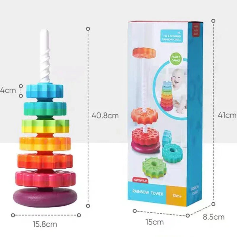 Baby Erkenntnis Regenbogen Spinn Turm Spielzeug - Montessori Frühe Bildung Geometrische Ring Stapel Block Sensorisches Spielzeug für Kleinkinder