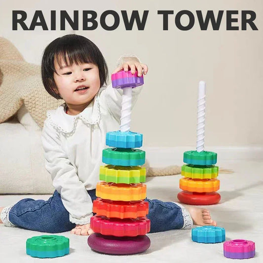Baby Erkenntnis Regenbogen Spinn Turm Spielzeug - Montessori Frühe Bildung Geometrische Ring Stapel Block Sensorisches Spielzeug für Kleinkinder