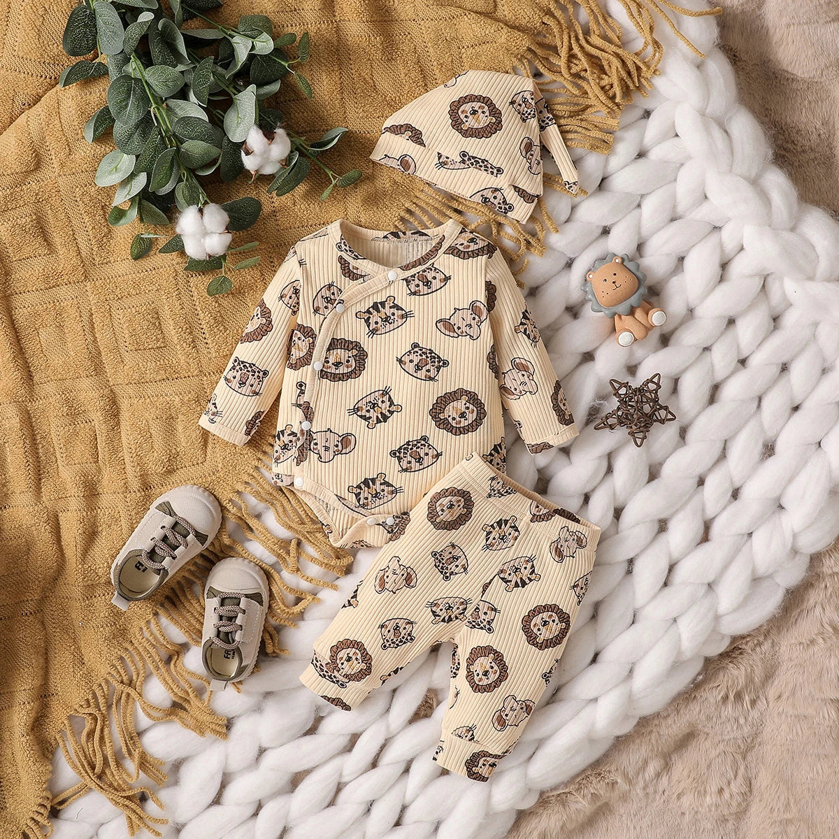 Unisex Baby-Set 0–24 Monate, 94% Baumwolle, Langarm – Inklusive Body, Hose und Mütze