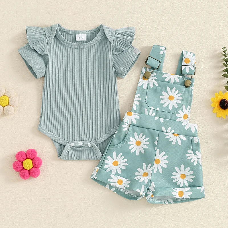 Mädchen Set – Kurzarm Strampler mit Blumenmuster & Hosenträger-Shorts, Sommer-Outfit für Babys (0-18 Monate)