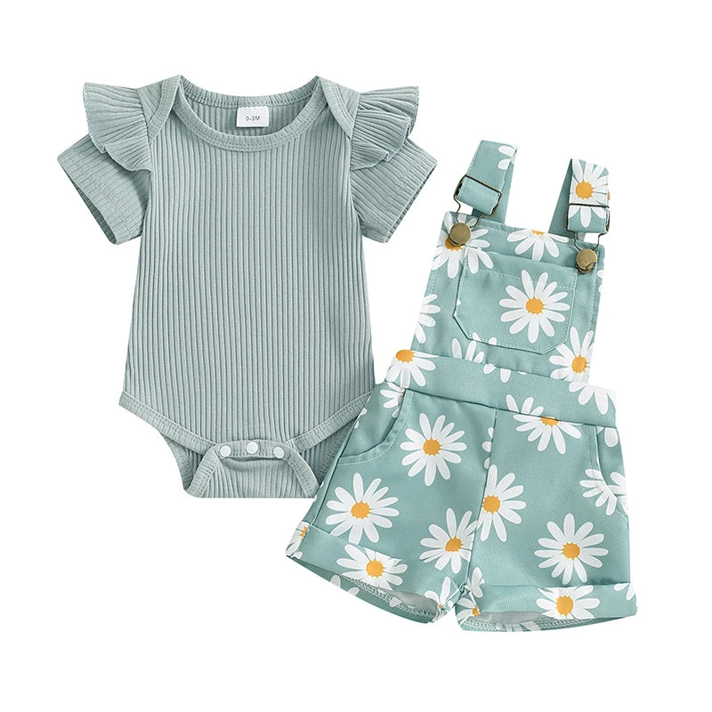 Mädchen Set – Kurzarm Strampler mit Blumenmuster & Hosenträger-Shorts, Sommer-Outfit für Babys (0-18 Monate)