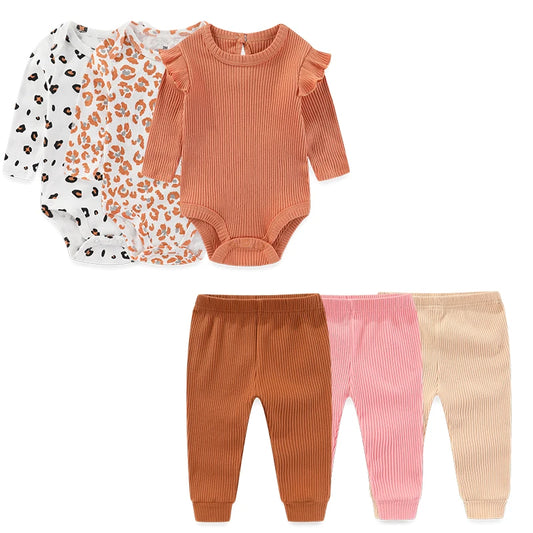 6-Piece Baby Clothing Set for Newborns – Long Sleeve Bodysuits + Pants, Unisex, For All Seasons, Comfortable Baby Clothing