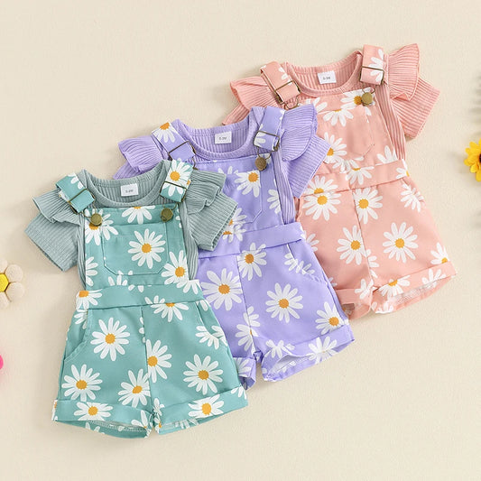 Mädchen Set – Kurzarm Strampler mit Blumenmuster & Hosenträger-Shorts, Sommer-Outfit für Babys (0-18 Monate)