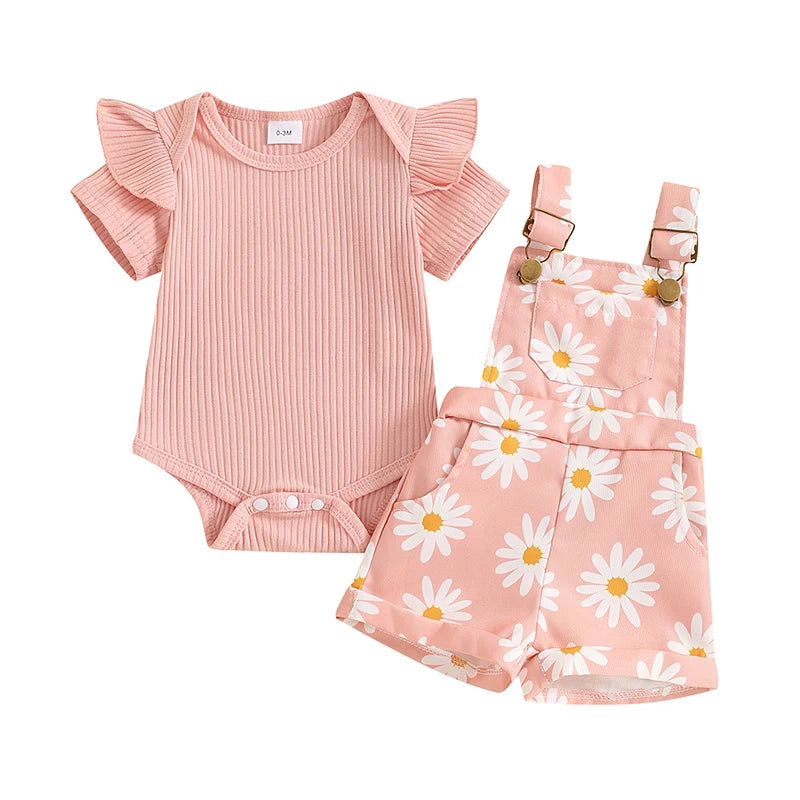 Mädchen Set – Kurzarm Strampler mit Blumenmuster & Hosenträger-Shorts, Sommer-Outfit für Babys (0-18 Monate)