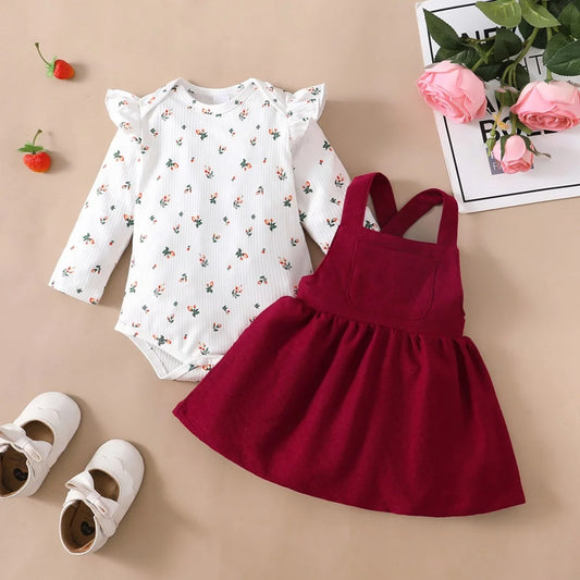 Mädchen Baby-Set 0–24 Monate, Langarm – Set bestehend aus einem Kleid mit Trägern und einem Body