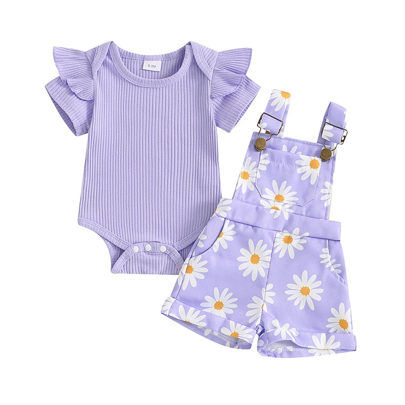 Mädchen Set – Kurzarm Strampler mit Blumenmuster & Hosenträger-Shorts, Sommer-Outfit für Babys (0-18 Monate)