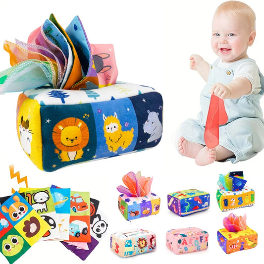 Baby Montessori Spielzeug – Magische Taschentuchbox, Pädagogisches Lernspielzeug für Kinder, Sensorisches Spielzeug zur Fingerübung, Aktivitätsbrett für Babys