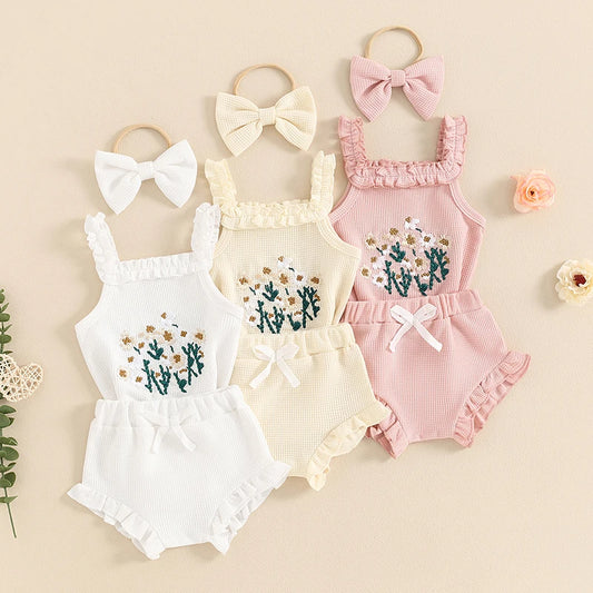 Mädchen Baby-Set 0–24 Monate, 100% Baumwolle, Kurzarm – Set bestehend aus 3 Teilen: Haarband, kurze Shorts und Body