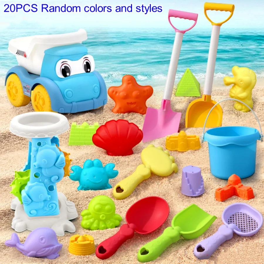 Kinder Strandspielzeug Set – ATV, Sandbagger und Wasser Spielzeug, Strand Eimer, Sanduhr, Schaufel, Strandspielzeug – Zufällige Farben