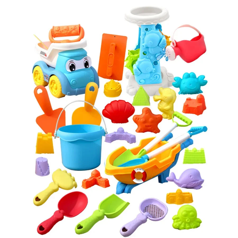 Kinder Strandspielzeug Set – ATV, Sandbagger und Wasser Spielzeug, Strand Eimer, Sanduhr, Schaufel, Strandspielzeug – Zufällige Farben