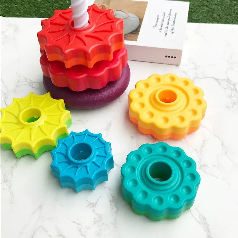 Baby Erkenntnis Regenbogen Spinn Turm Spielzeug - Montessori Frühe Bildung Geometrische Ring Stapel Block Sensorisches Spielzeug für Kleinkinder