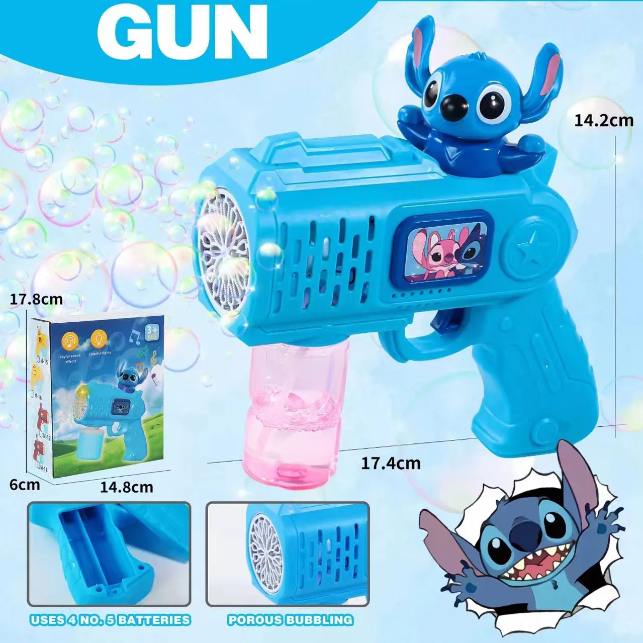 Neuer Stitch Elektrische Seifenblasenpistole – Automatische Seifenblasenmaschine mit Licht, für Kinder, Outdoor-Spielzeug, Geschenk für Jungen und Mädchen