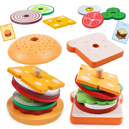 Holz Burger Sandwich Stapeln Spielzeug für Kleinkinder – Pädagogisches Lernspielzeug für Vorschule, Pretend Play und Kreatives Spielen
