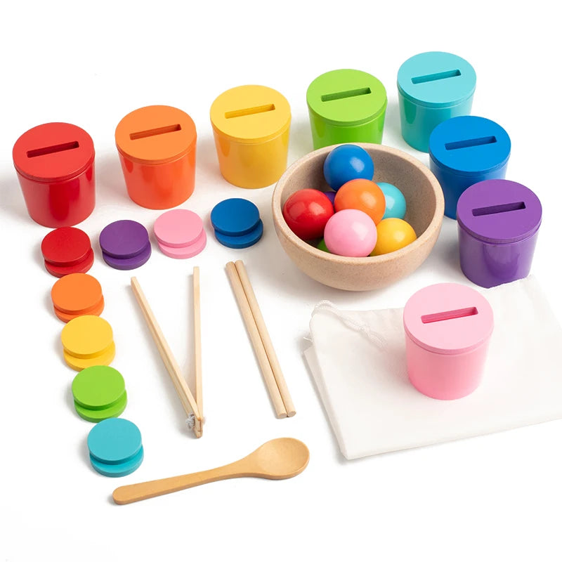 Montessori Holzspielzeug Farbzuordnungsspiel – Regenbogenbälle in Bechern, Frühes Lernspielzeug für Vorschulkinder ab 3 Jahren