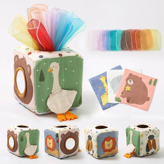 Montessori Baby Spielzeug – Magische Taschentuchbox aus Baumwolle mit Fingerübungen, Rassel, Stoffbuch & Aktivitätsbrett – Weiches Lernspielzeug ab 6 Monaten.