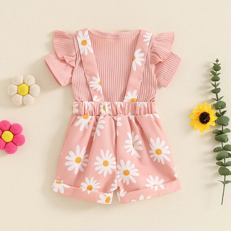 Mädchen Set – Kurzarm Strampler mit Blumenmuster & Hosenträger-Shorts, Sommer-Outfit für Babys (0-18 Monate)