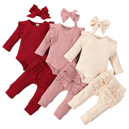 Mädchen Baby-Set 0–24 Monate, Langarm – Inklusive Body, Hose und Haarband (3-teilig)