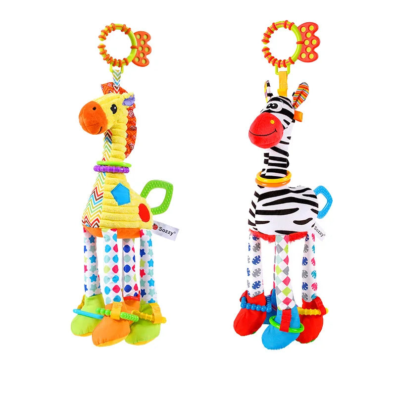Weiches Plüsch-Rasselspielzeug – Giraffe & Zebra mit Beißring für Babys