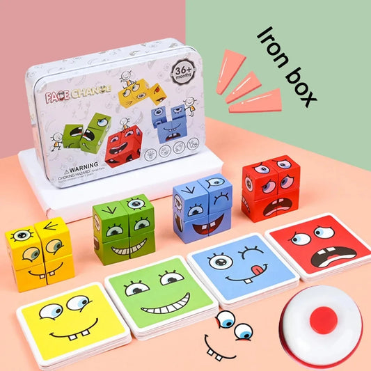 Montessori Ausdrucks-Spiel – Holz-Bausteine Gesichtspuzzle für Kinder, lustiges Reaktionsspiel ab 3 Jahren