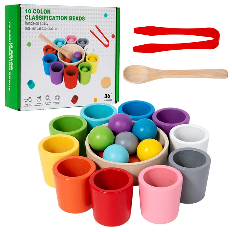 Montessori Holzspielzeug Farbzuordnungsspiel – Regenbogenbälle in Bechern, Frühes Lernspielzeug für Vorschulkinder ab 3 Jahren