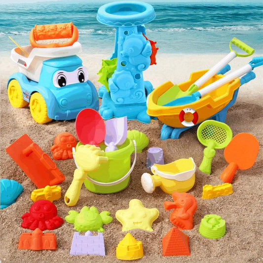 Kinder Strandspielzeug Set – ATV, Sandbagger und Wasser Spielzeug, Strand Eimer, Sanduhr, Schaufel, Strandspielzeug – Zufällige Farben
