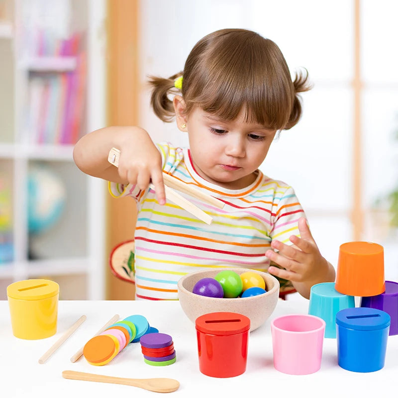 Montessori Holzspielzeug Farbzuordnungsspiel – Regenbogenbälle in Bechern, Frühes Lernspielzeug für Vorschulkinder ab 3 Jahren